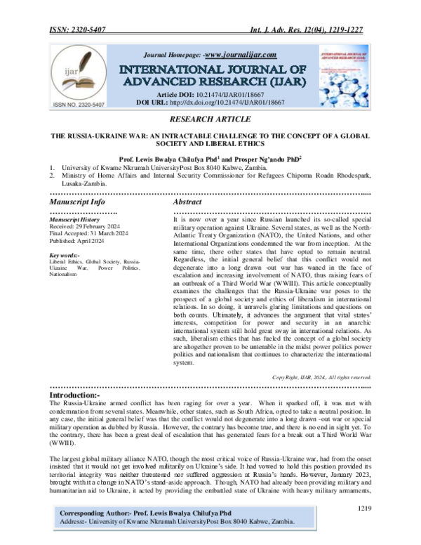(PDF) THE RUSSIA-UKRAINE WAR: AN INTRACTABLE CHALLENGE TO THE CONCEPT ...