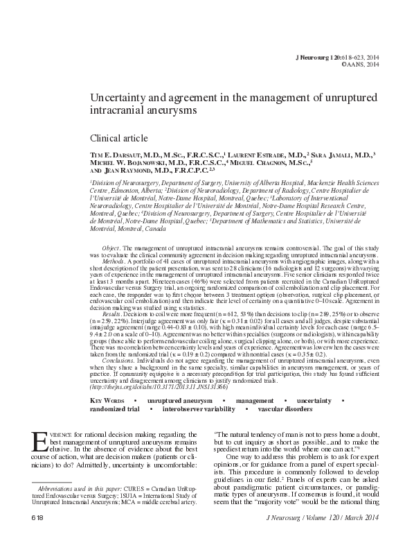 (PDF) Uncertainty and agreement in the management of unruptured ...