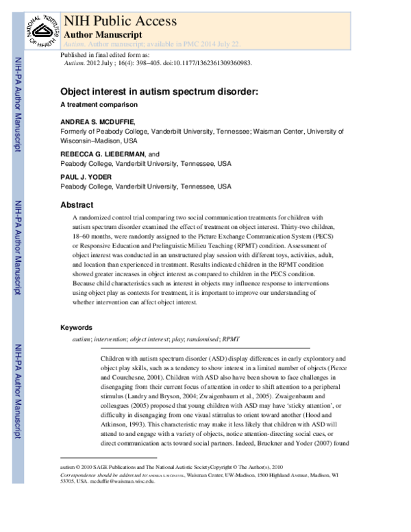 (PDF) Object interest in autism spectrum disorder: A treatment comparison