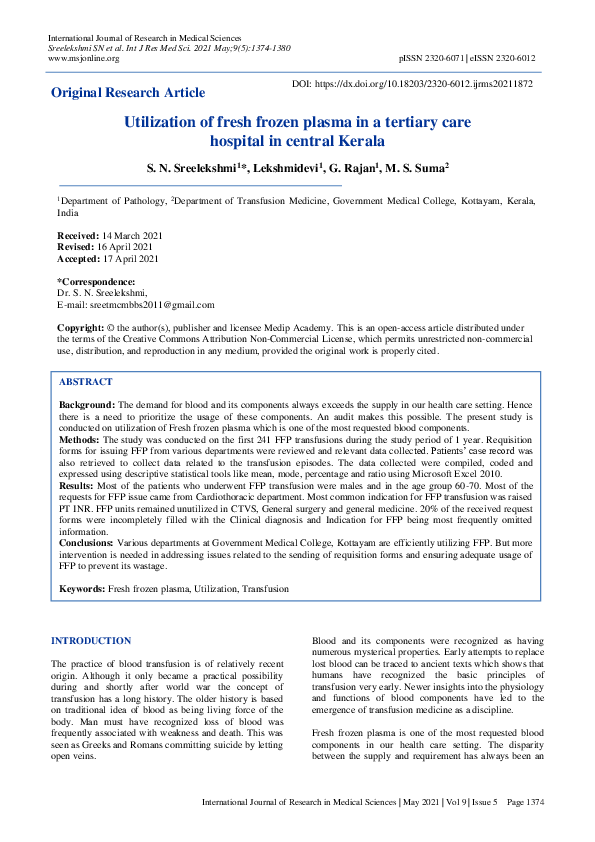 (PDF) Utilization of fresh frozen plasma in a tertiary care hospital in ...