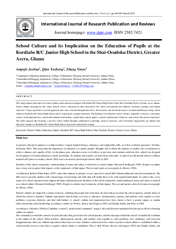 (PDF) School Culture and its Implication on the Education of Pupils at ...