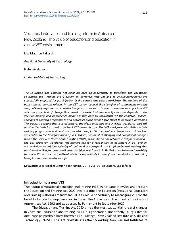 (PDF) Vocational education and training reform in Aotearoa New Zealand