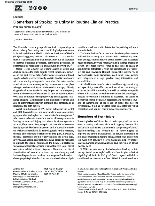 (PDF) Biomarkers of Stroke: Its Utility in Routine Clinical Practice