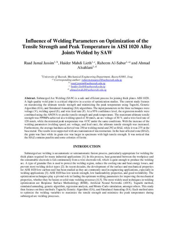(PDF) Influence of welding parameters on optimization of the tensile ...