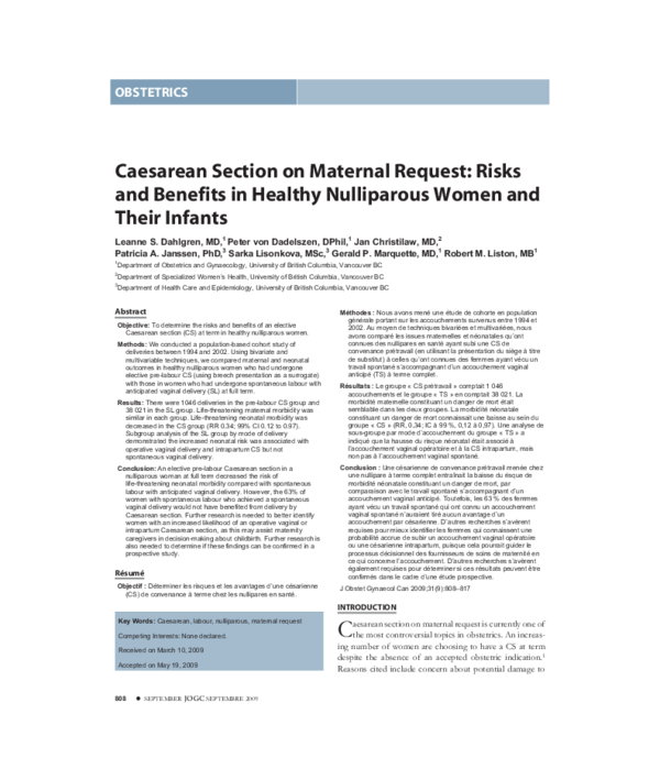 (PDF) Caesarean section on maternal request: risks and benefits in ...
