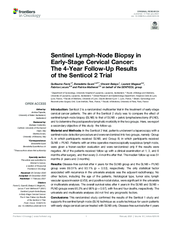 (PDF) Sentinel Lymph-Node Biopsy in Early-Stage Cervical Cancer: The 4 ...