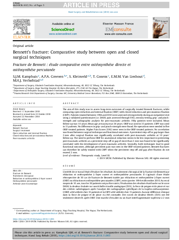 (PDF) Bennett's fracture: Comparative study between open and closed ...
