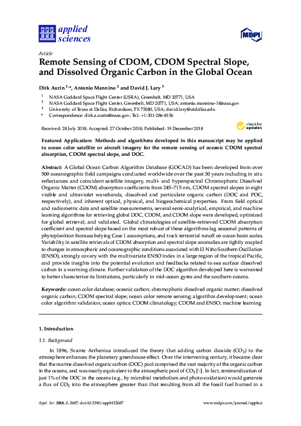 (PDF) Remote Sensing of CDOM, CDOM Spectral Slope, and Dissolved ...