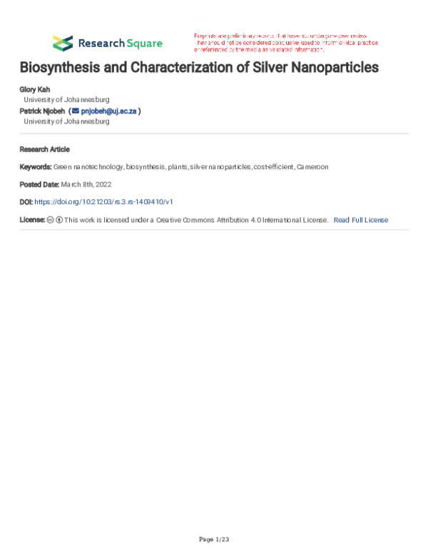 (PDF) Biosynthesis and Characterization of Silver Nanoparticles