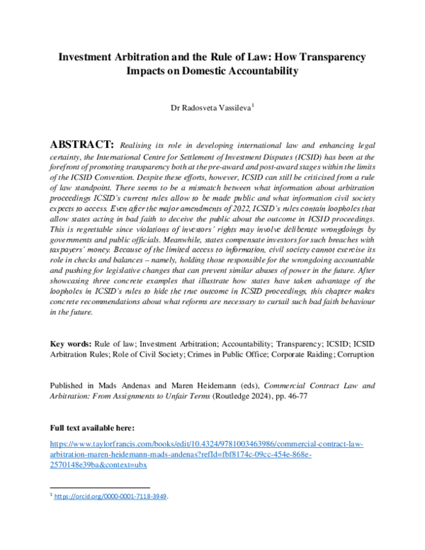 (PDF) Investment Arbitration and the Rule of Law: How Transparency ...