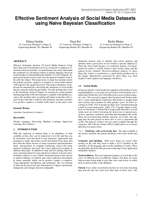 (PDF) Effective Sentiment Analysis of Social Media Datasets using Naive ...