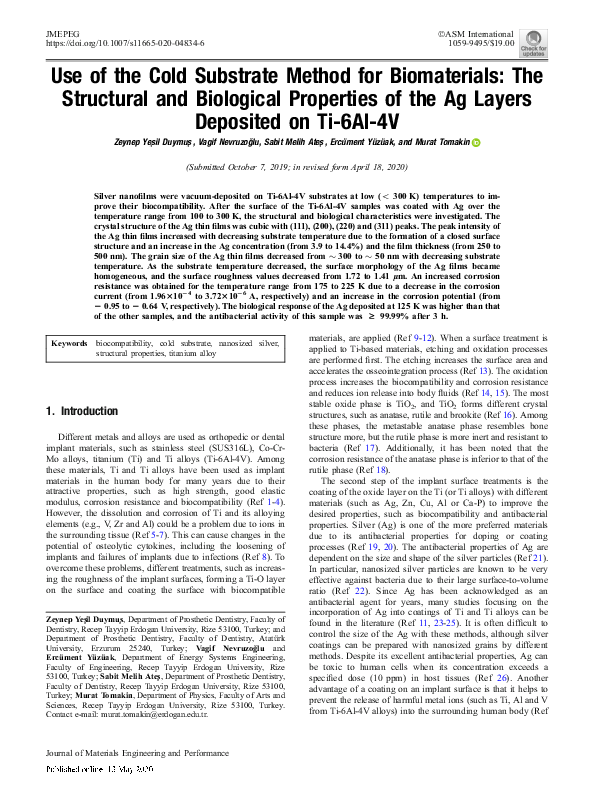(PDF) Use of the Cold Substrate Method for Biomaterials: The Structural ...