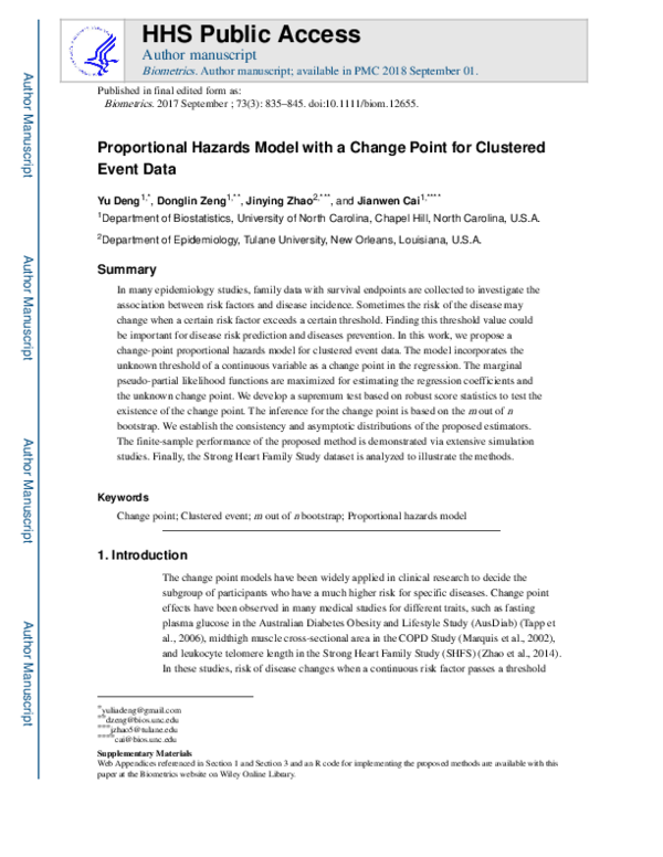 (PDF) Proportional hazards model with a change point for clustered ...