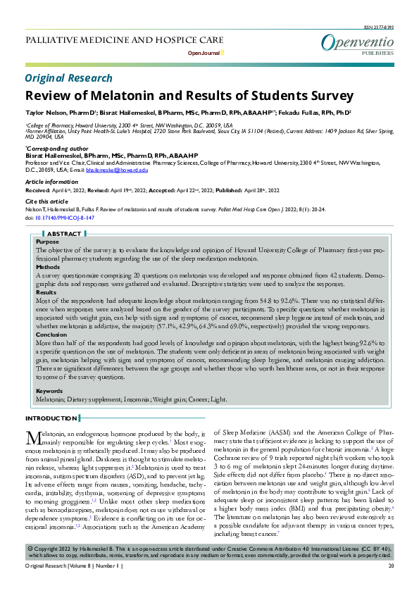 (PDF) Review of Melatonin and Results of Students Survey