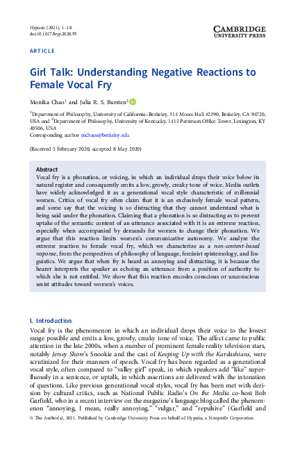 (PDF) Girl Talk: Understanding Negative Reactions to Female Vocal Fry