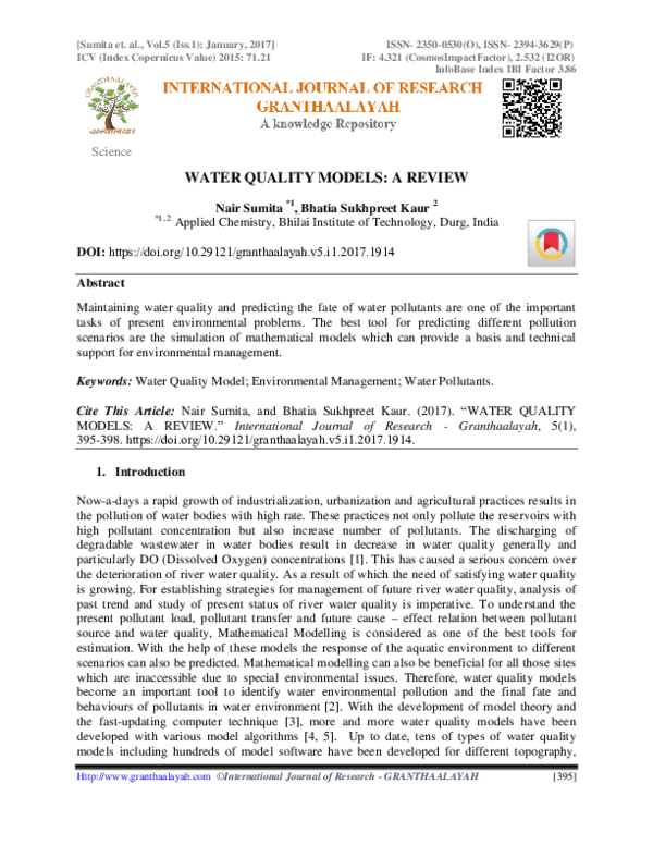 (PDF) Water Quality Models: A Review