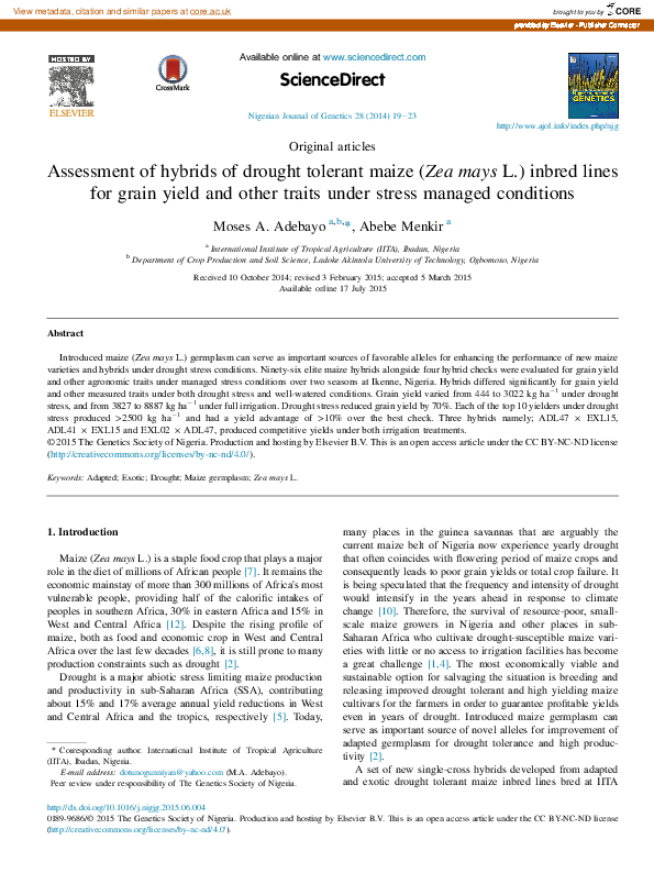 (PDF) Assessment of hybrids of drought tolerant maize (Zea mays L ...