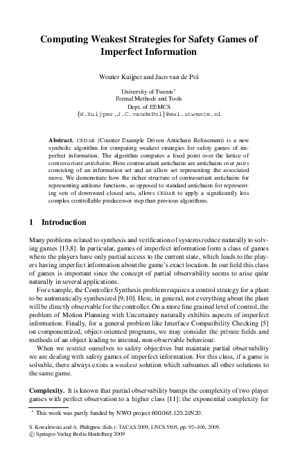 (PDF) Computing Weakest Strategies for Safety Games of Imperfect ...