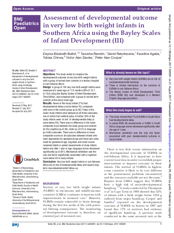 (PDF) Assessment of developmental outcome in very low birth weight ...