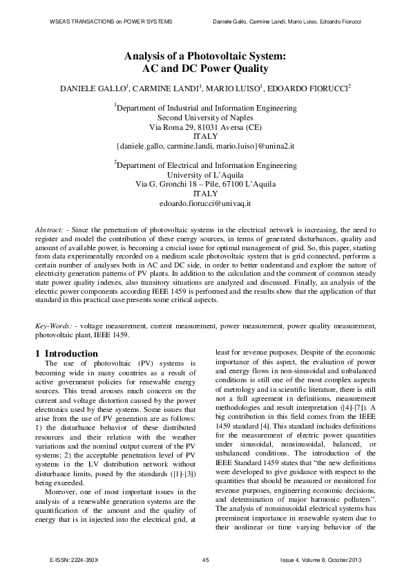 (PDF) Analysis of a Photovoltaic System: AC and DC Power Quality