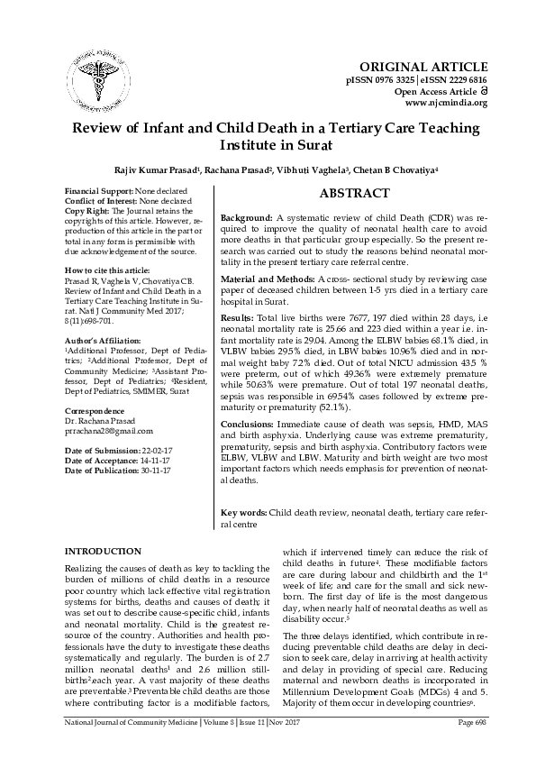 (PDF) Review of Infant and Child Death in a Tertiary Care Teaching ...