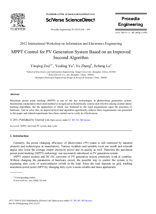 (PDF) MPPT Control for PV Generation System Based on an Improved ...