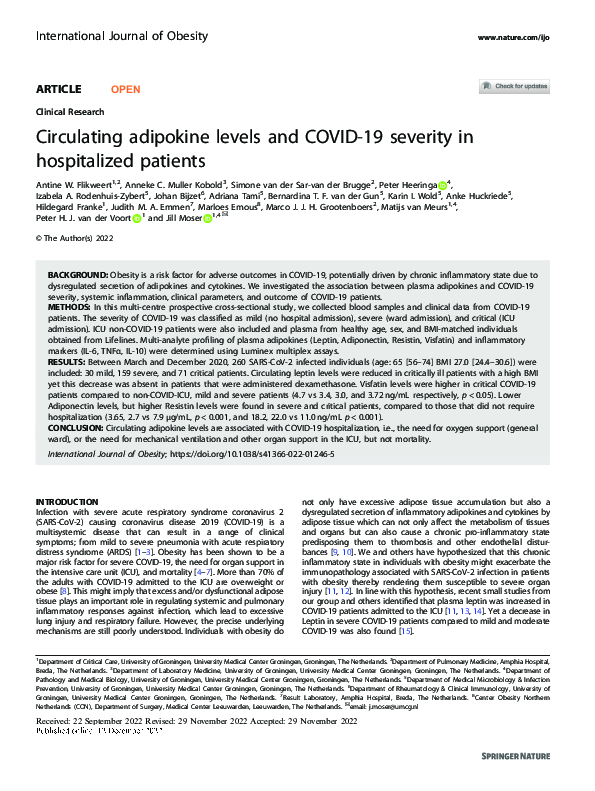 (PDF) Circulating adipokine levels and COVID-19 severity in ...