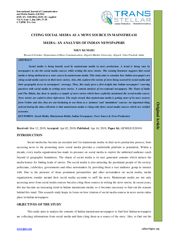 (PDF) Citing Social Media as a News Source in Mainstream Media, An ...