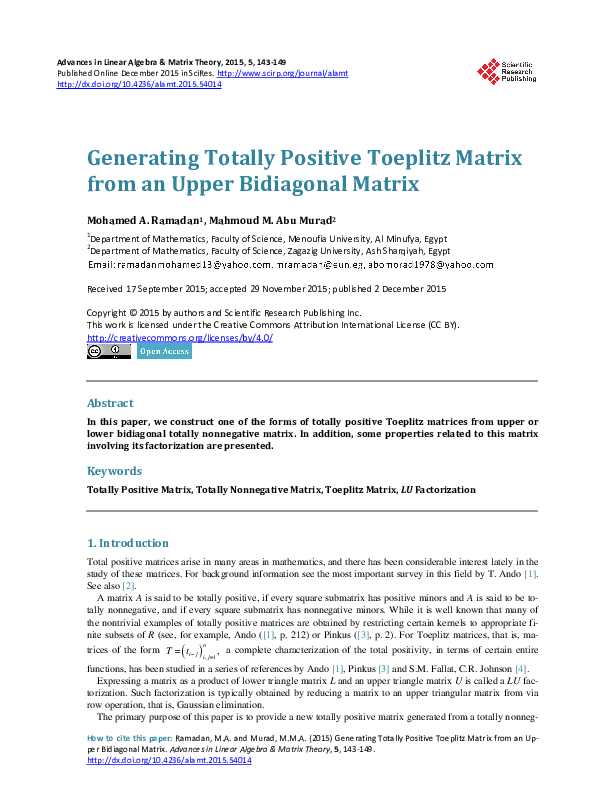 (PDF) Generating Totally Positive Toeplitz Matrix from an Upper ...