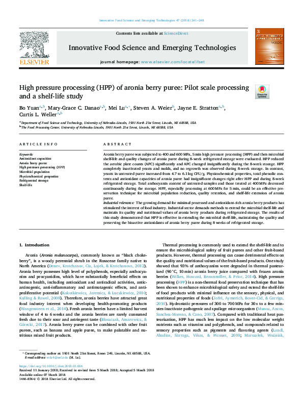 (PDF) High pressure processing (HPP) of aronia berry purée: Effects on ...