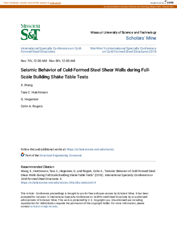 (PDF) Seismic Behavior of Cold-Formed Steel Shear Walls during Full ...