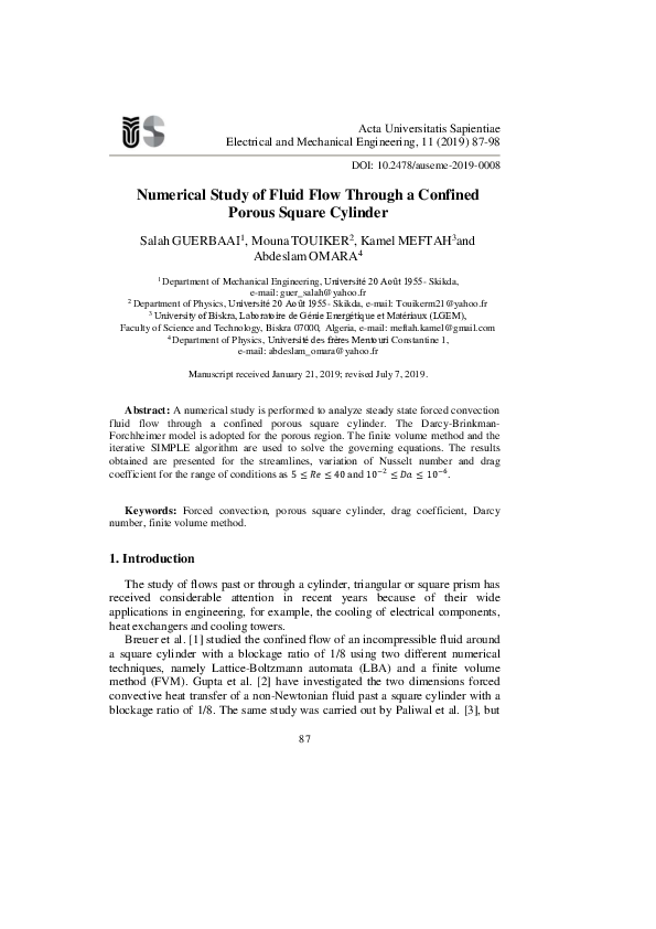 (PDF) Numerical Study of Fluid Flow Through a Confined Porous Square ...