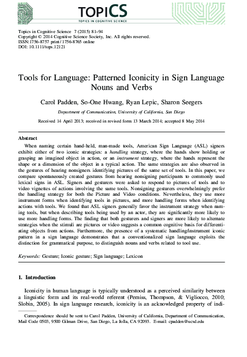 (PDF) Tools for Language: Patterned Iconicity in Sign Language Nouns ...