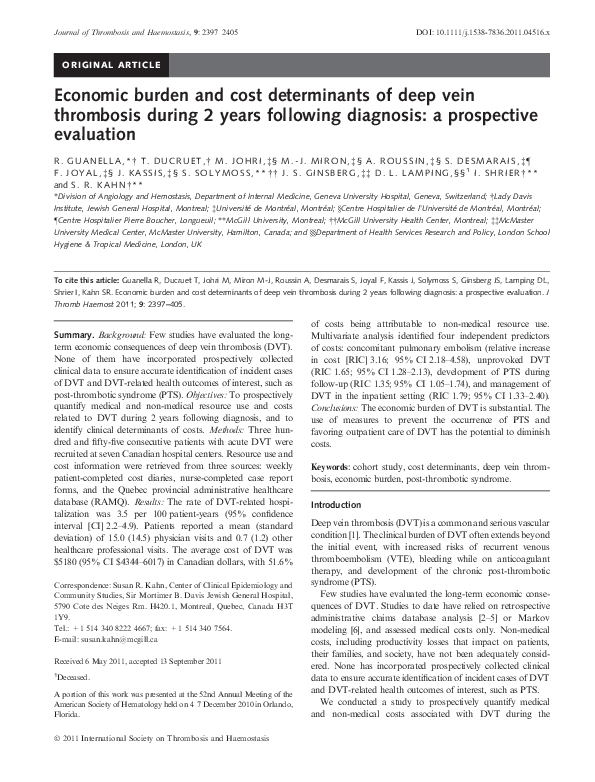 (PDF) Economic burden and cost determinants of deep vein thrombosis ...