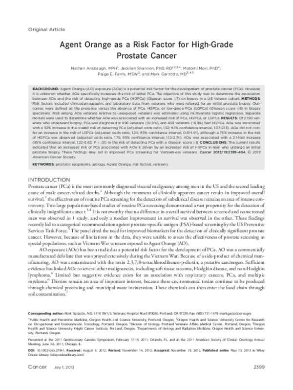 (PDF) Agent orange as a risk factor for high-grade prostate cancer ...