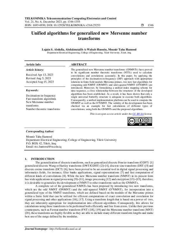 (PDF) Unified algorithms for generalized new Mersenne number transforms