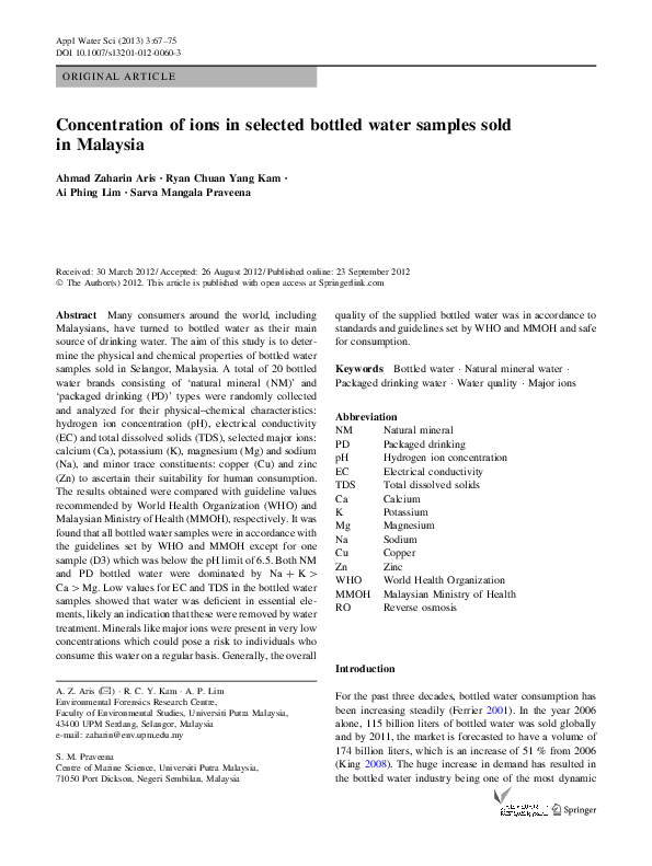 (PDF) Concentration of ions in selected bottled water samples sold in ...