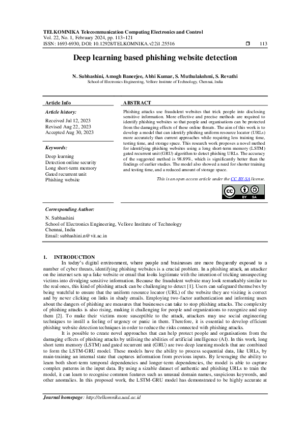 (PDF) Deep learning based phishing website detection