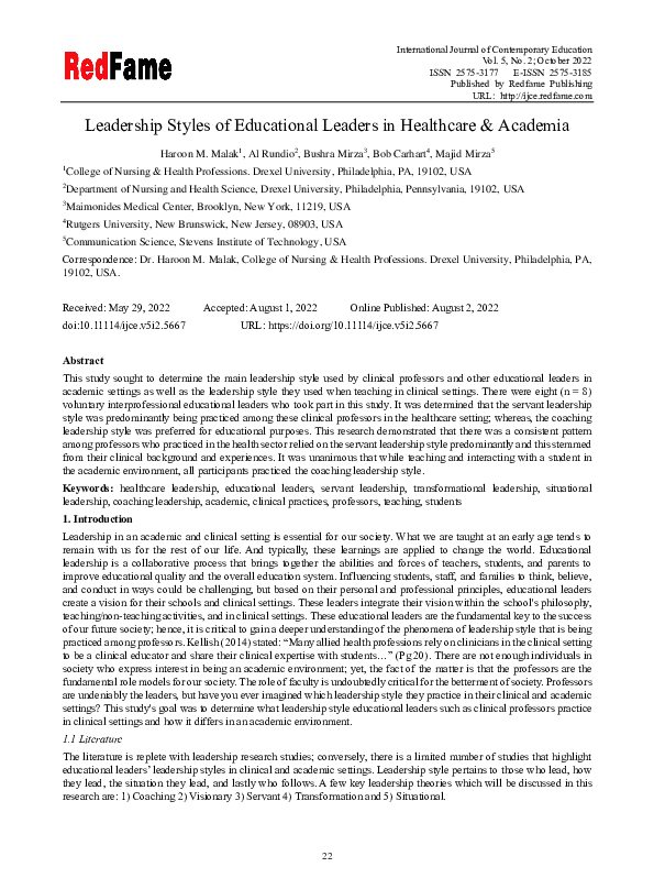 (PDF) Leadership Styles of Educational Leaders in Healthcare & Academia