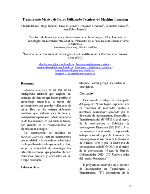 (PDF) Tratamiento masivo de datos utilizando técnicas de machine learning