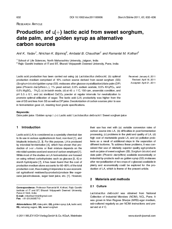 (PDF) Production of L(+) lactic acid from sweet sorghum, date palm, and ...