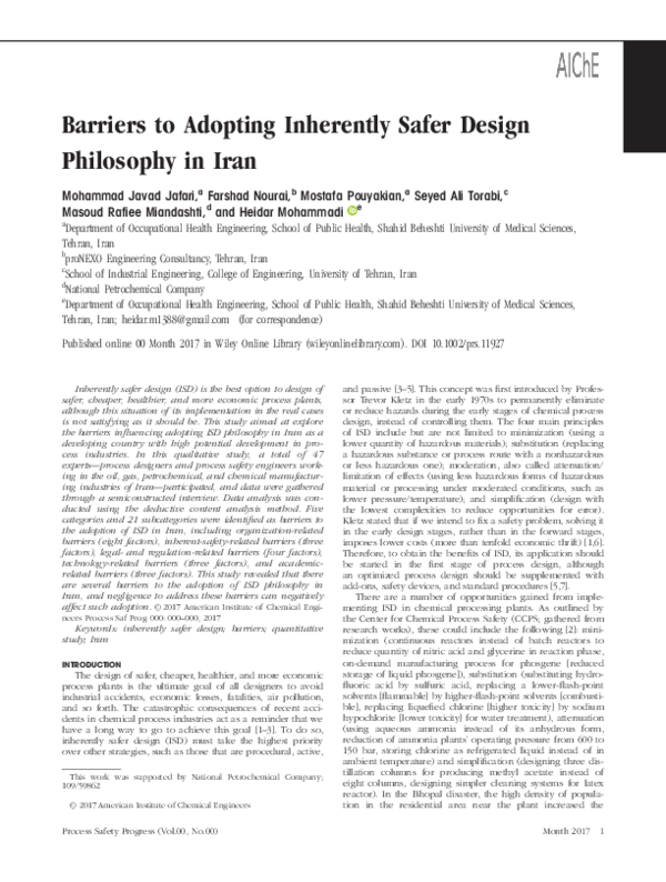 (PDF) Barriers to adopting inherently safer design philosophy in Iran