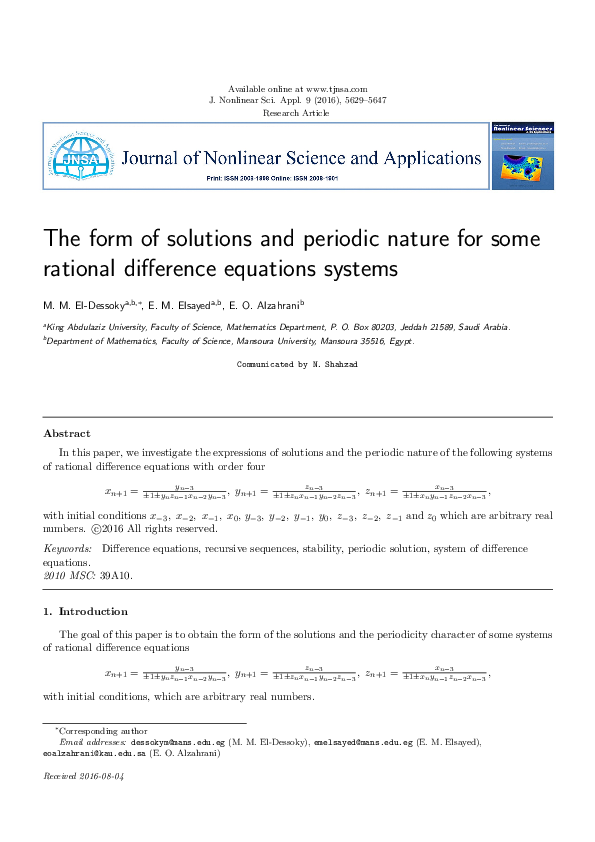 (PDF) The form of solutions and periodic nature for some rational ...