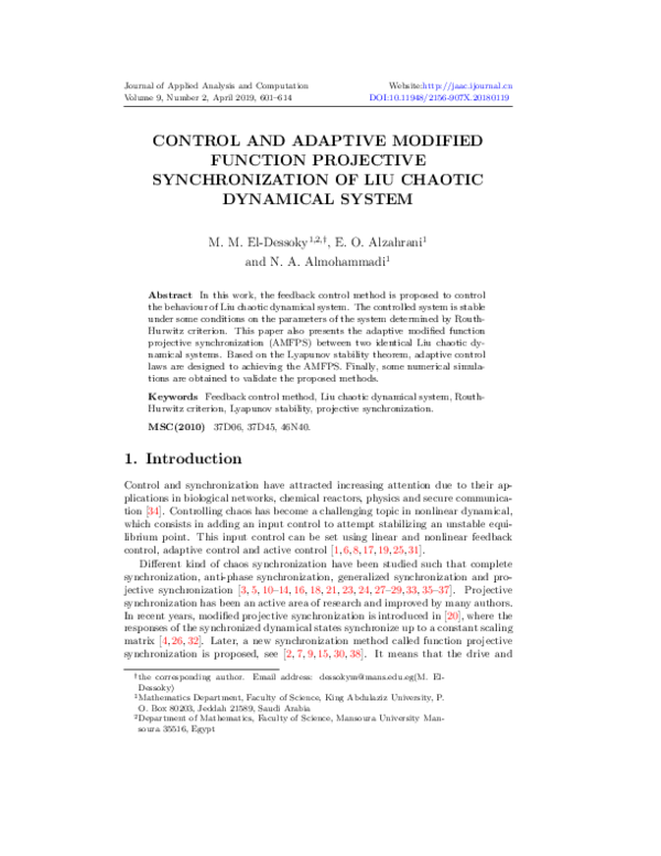 (PDF) Control and Adaptive Modified Function Projective Synchronization ...