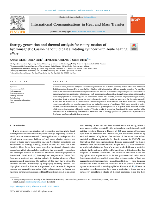 (PDF) Entropy generation and thermal analysis for rotary motion of ...