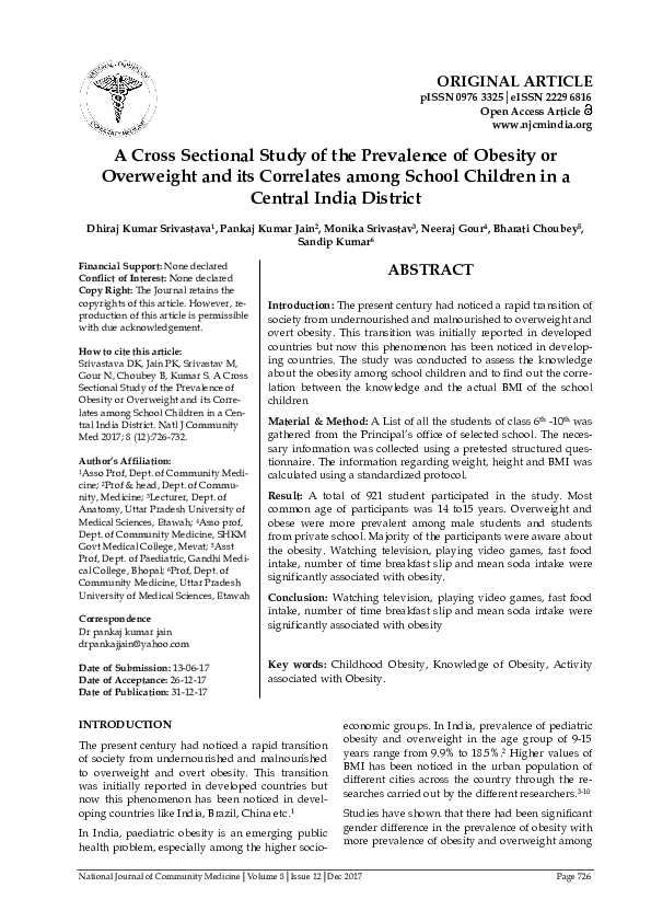 (PDF) A Cross Sectional Study of the Prevalence of Obesity or ...