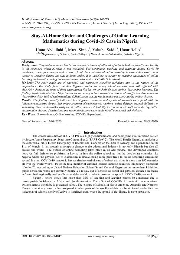 Stay-At-Home Order and Challenges of Online Learning Mathematics during Covid-19 Case in Nigeria