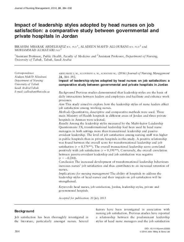 (PDF) Impact of leadership styles adopted by head nurses on job ...