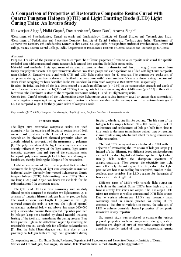 (PDF) A Comparison of Properties of Restorative Composite Resins Cured ...