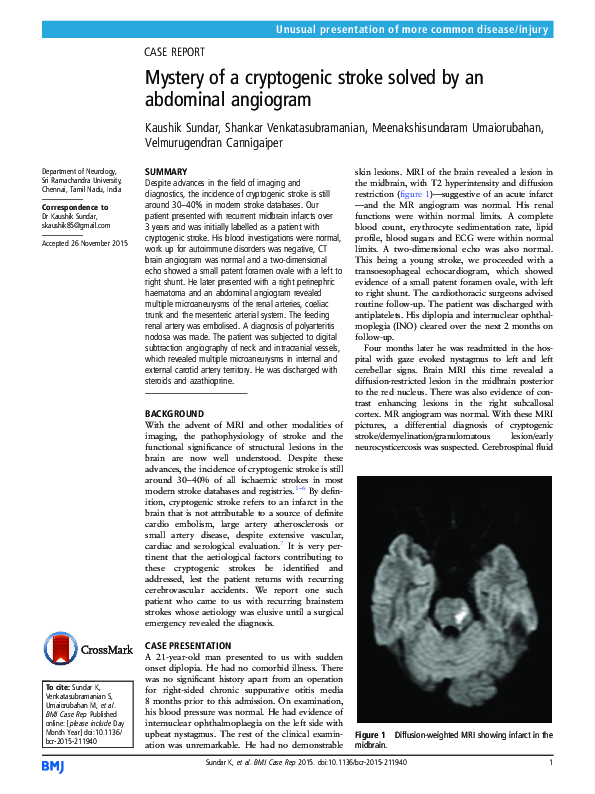 (PDF) Mystery of a cryptogenic stroke solved by an abdominal angiogram